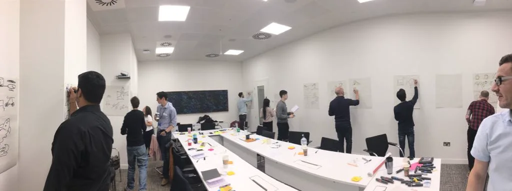 A workshop room where participants sketch ideas on sheets taped along the walls
